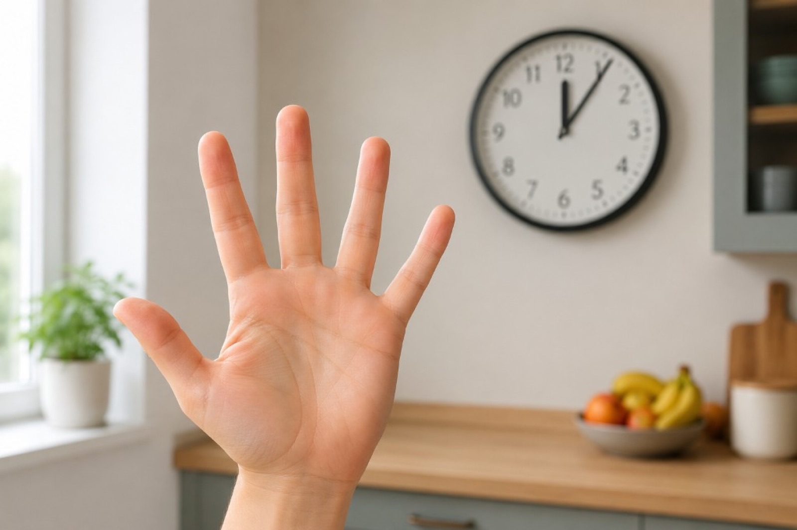 Open hand showing five fingers in a bright home kitchen, with a wall clock and fruit bowl softly blurred in the background.