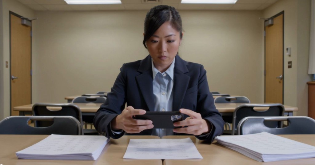 Teacher scanning stacked maths worksheets with a smartphone at a classroom desk.