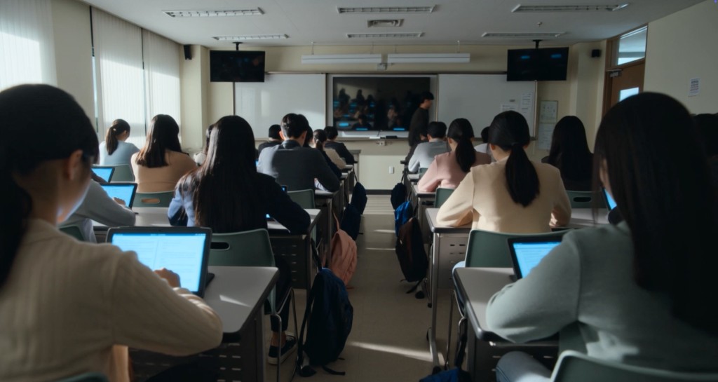 Modern classroom viewed from the rear: students at desks with laptops and tablets facing the teacher and front display.