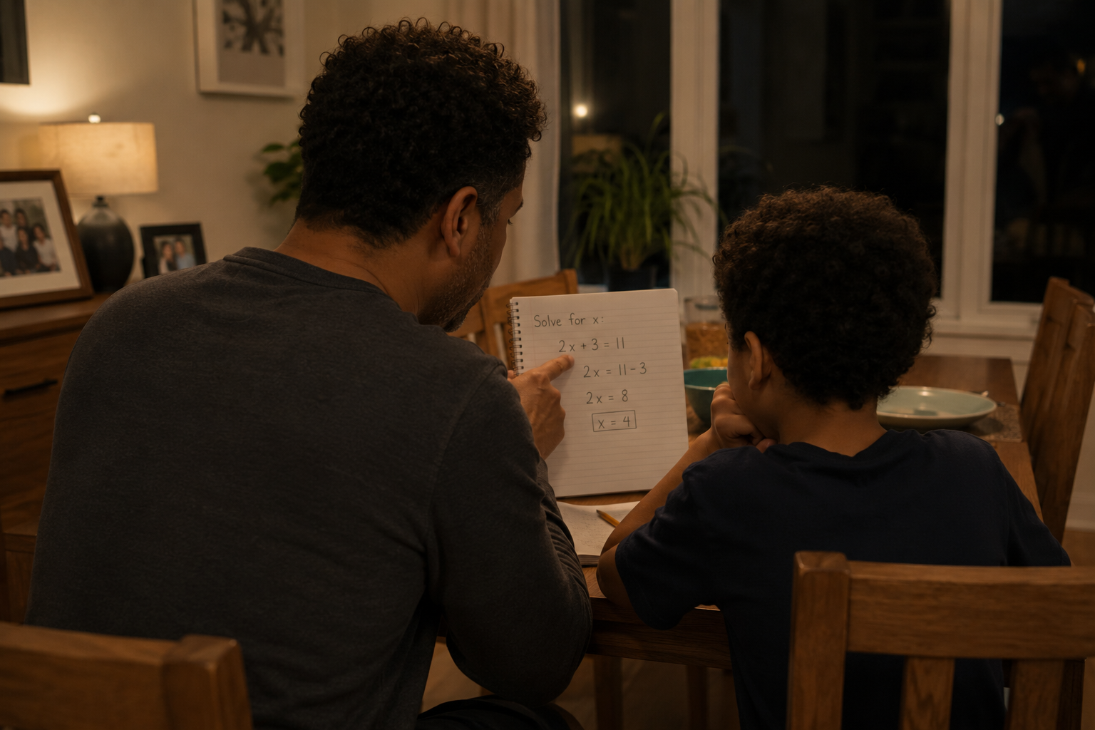 A father helping his young son with maths homework at a dining table in a warmly lit home.