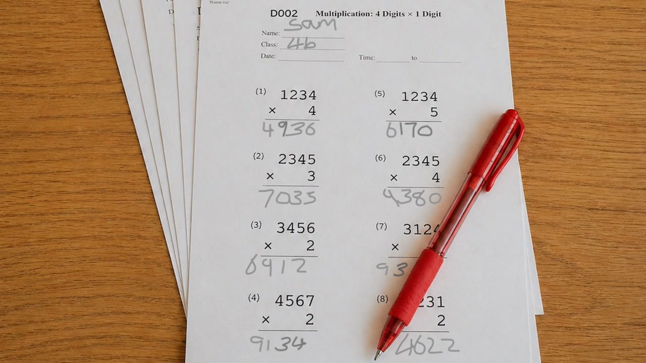 Video preview image: parent at a kitchen table in the evening with a pile of children's maths worksheets.