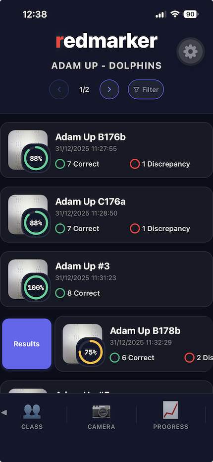 Worksheet row on screen with a left swipe revealing a red Results button underneath.