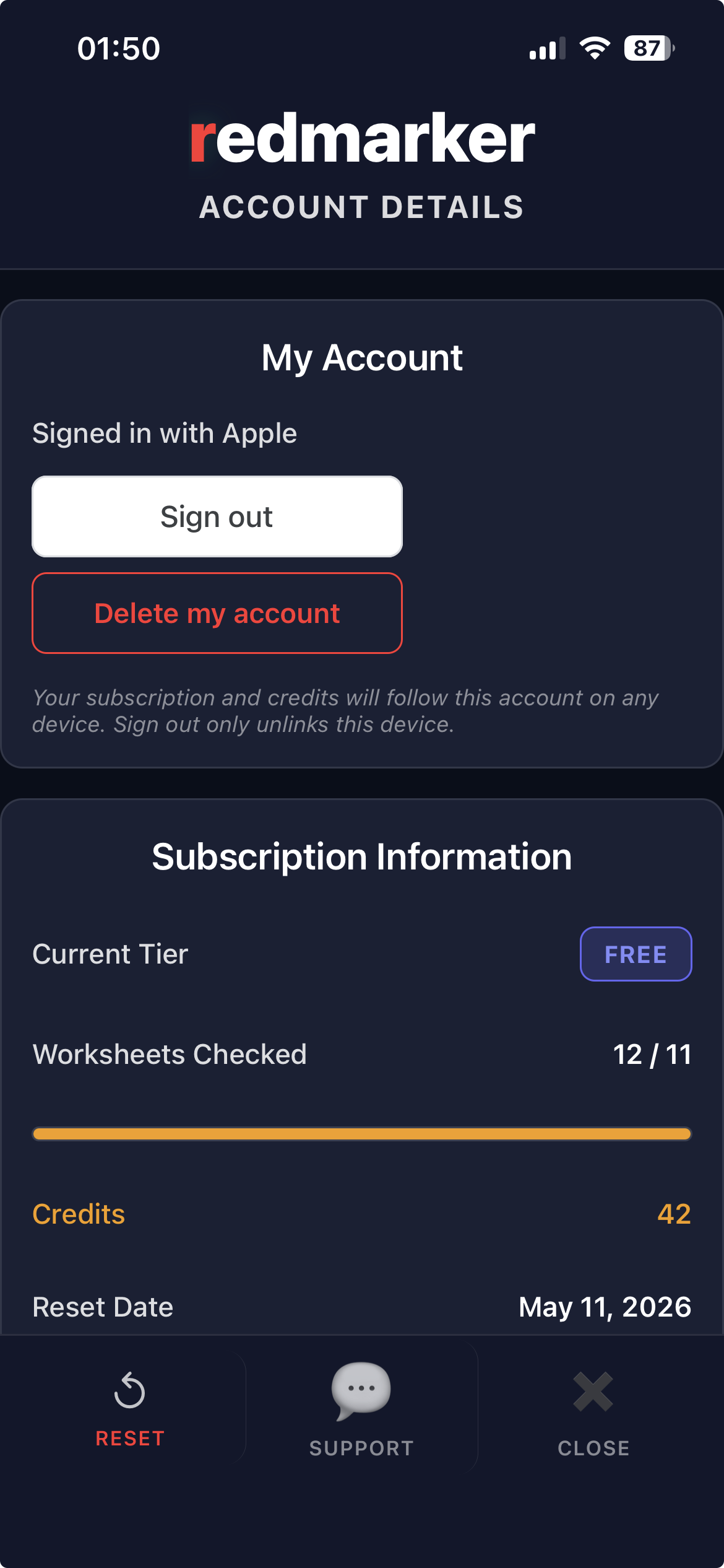 Phone screen showing subscription plan, usage counts, and remaining marking credits.