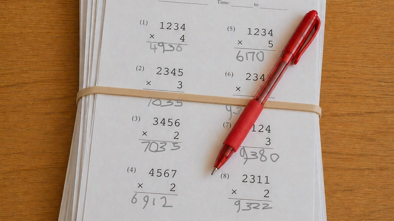 Video preview image: tutoring centre desk with a thick stack of maths drill sheets waiting to be marked.
